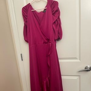 Kensie Pink Faux Wrap Dress with Ruffled Hem Ruched Sleeves and Tie waist Size